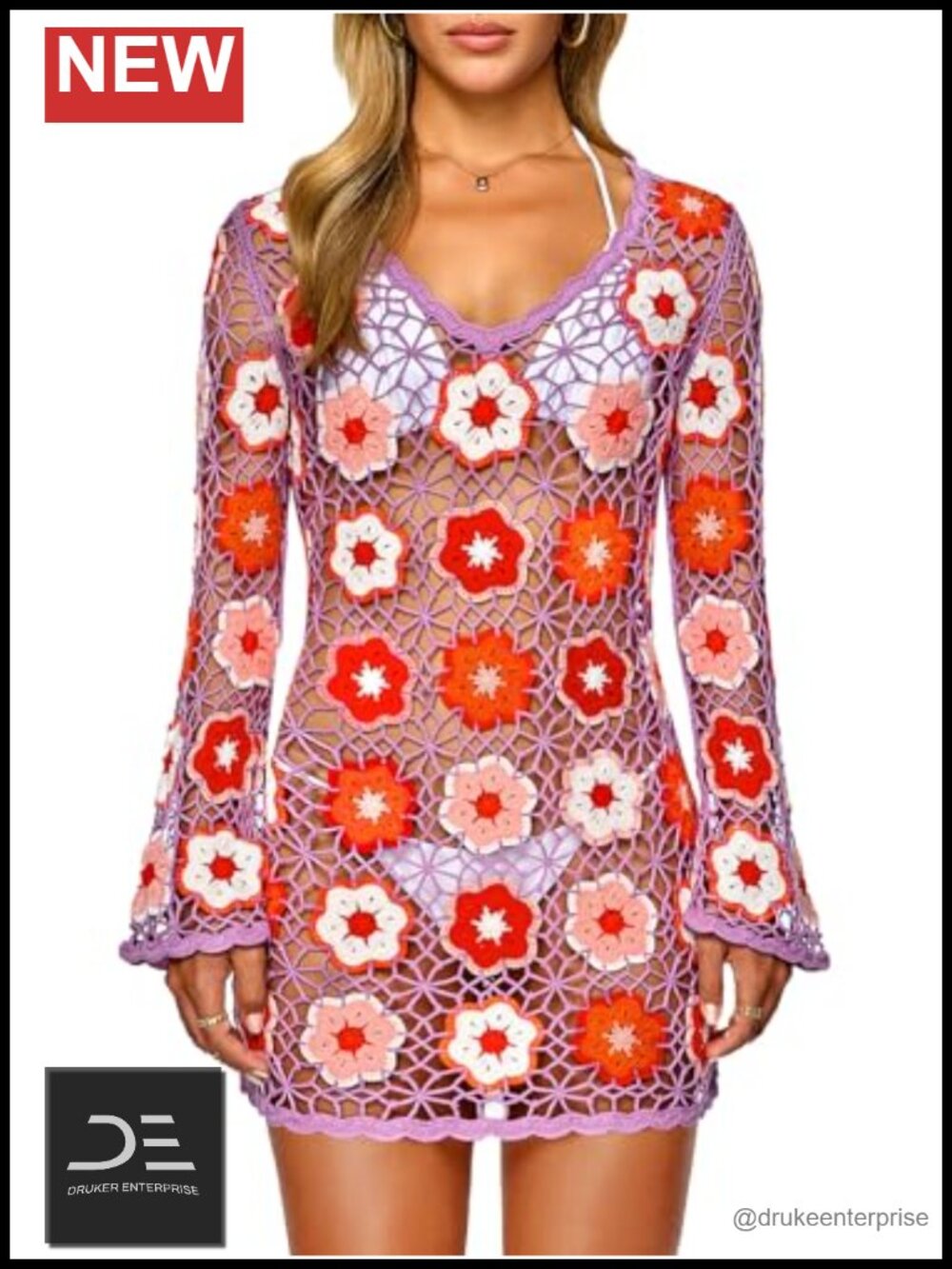 Crochet Beach Cover Up Boho Bell Sleeve Dress 3D Floral